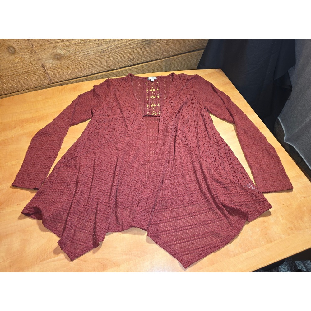 Eyeshadow Womens Burgundy Pointelle Knit Open Front Cardigan Macrame Back M